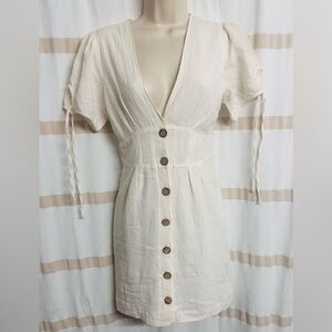 4S13NNA Women Natural Cream Linen Blended, V-Neck, Button-Down, Tie Back Dress S